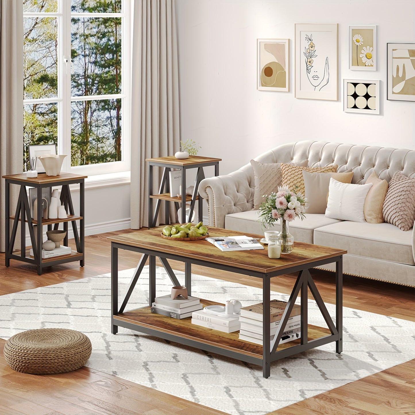 WuuFii 3pcs Living Room Table Set, Industrial Coffee Table with 2 Square End Side Tables, Coffee Table Set with Metal Frame for Apartment Home Office, Rustic Brown