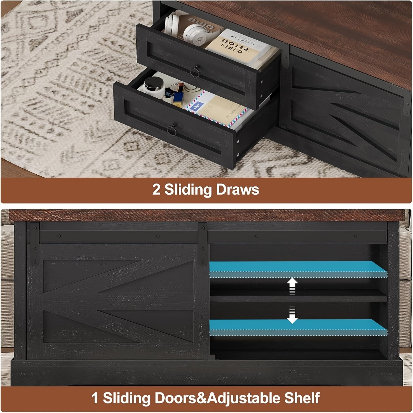 39.4" Lift Coffee Table with Storage, Sliding Barn Door and Adjustable Shelf, Farmhouse Square Center Table with Large Hidden Compartment and 2 Drawers, Suitable for Living Room, Black