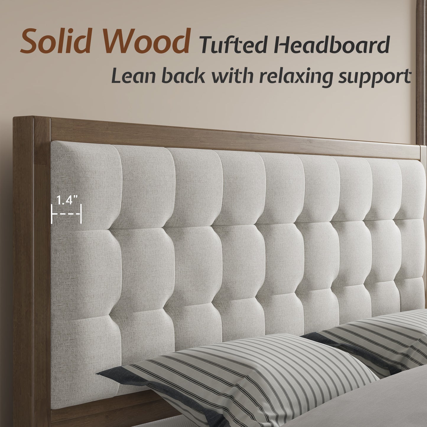 ALBOTT Wooden Bed Frame, High Upholstered Tufted Headboard, Sturdy Wood Platform, No Box Spring Required
