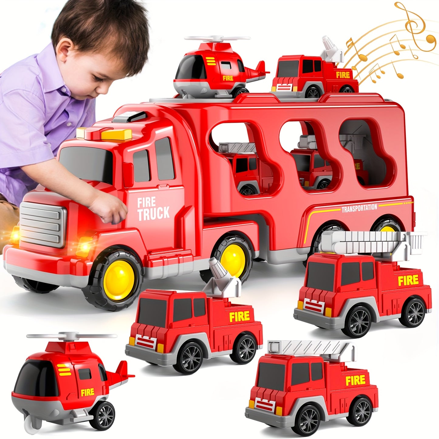 Fire Truck Toys for 3 4 5 Boys Toddlers, 5in 1 Kids Carrier Fire Trucks Cars for Boy Toys Birthday, Car Trucks Friction Power Toys with Light Sound