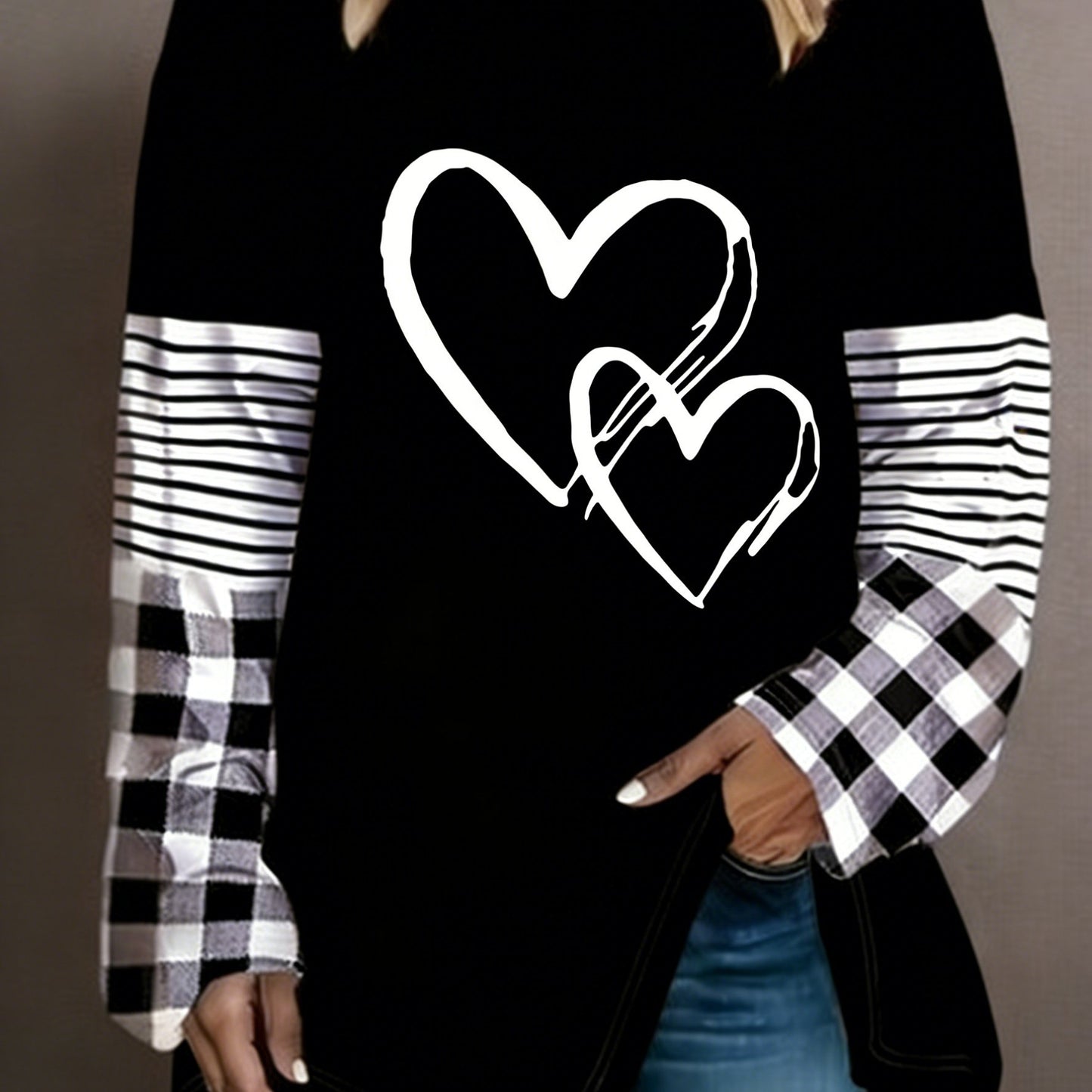 Plus Size - Plus Size - A Women'S Casual Long-Sleeve T-Shirt Featuring a Heart-Shaped Design, Made from Fabric, with a Round Neck Style, Part of The Autumn And Winter Collection, Available in Large Loose Sizes from 0XL to 9XL
