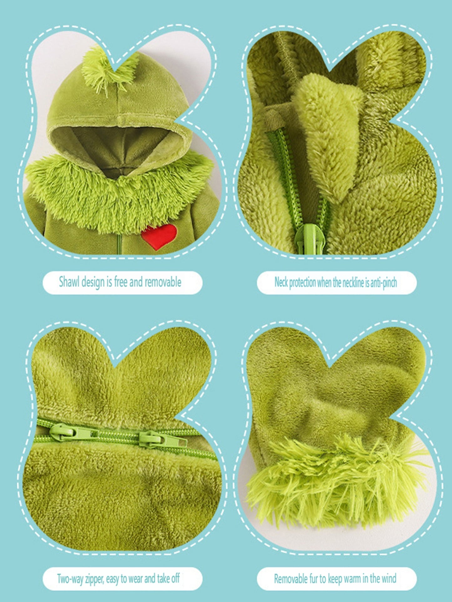 Infant Baby Boy & Girl Green Monster - Furry Hooded Zipper Jumpsuit with Plush Trim, Soft Fuzzy Outfit with Heart Cutouts & Fluffy Ears for Christmas, Birthday Party, Everyday Play - Easy-Care Monster Romper ( to 12m) - Hand