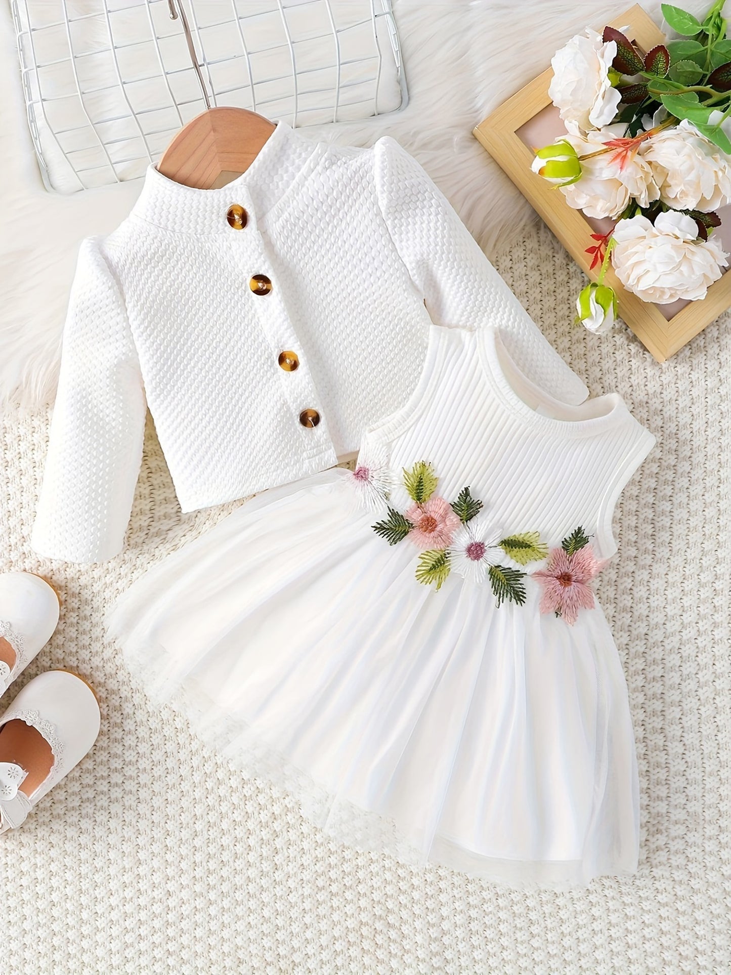 Baby Girl Fall Outfit, Long Sleeve Cardigan Coat Flower Embroidery Tulle Tank Dress 2pcs Set, for Outdoor