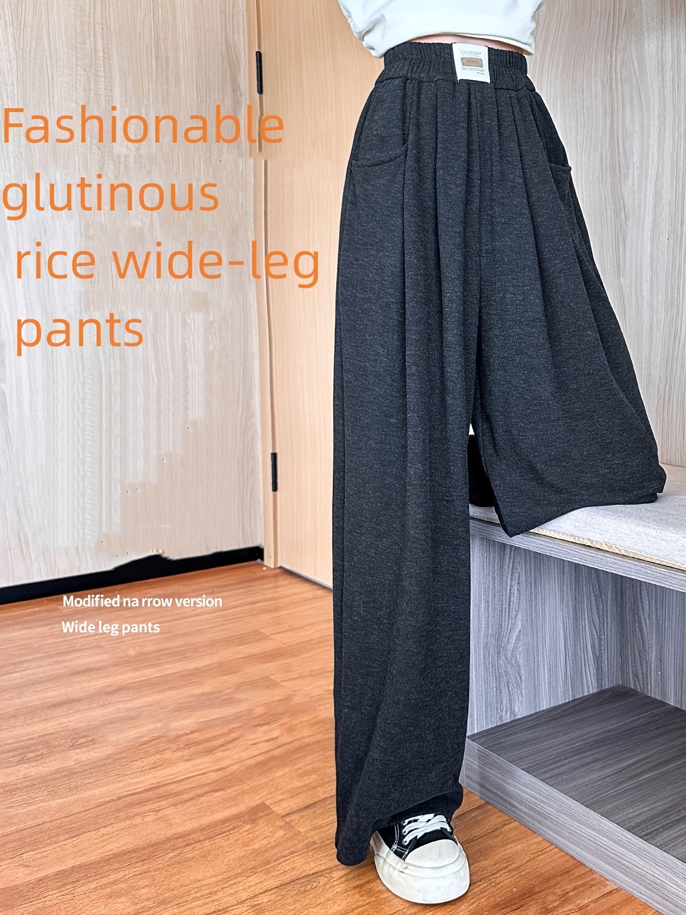 Girls 6-12 Years Wide-Leg Trousers - Stretchy Wrinkle-Resistant Pants with Adjustable Waist & Pockets, Soft Straight-Leg Leggings for School, Semi-Formal & Casual Attire (Navy Blue/Black) - Comfortable Stretch Fabric (Hand Wa