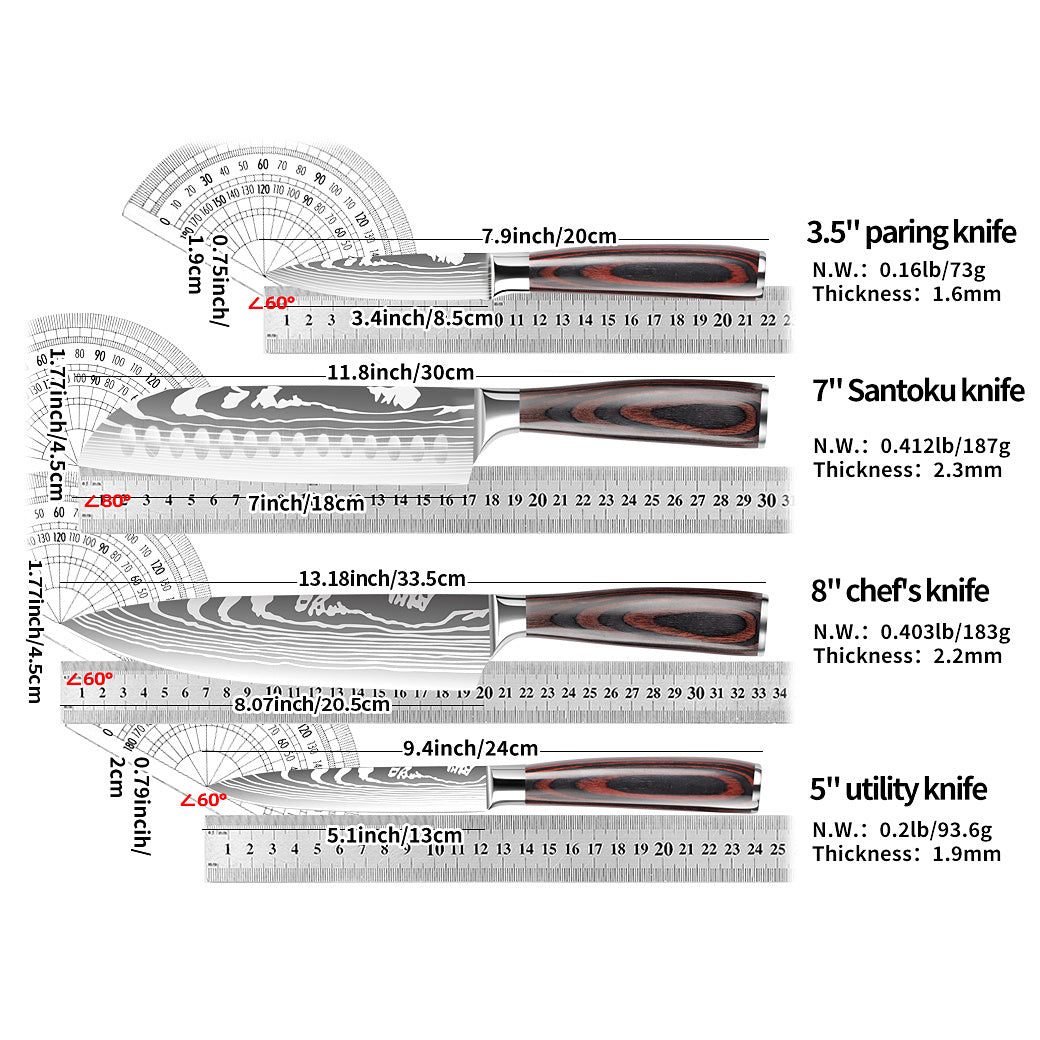 5pcs Professional Chef Knife Set with Sharpener - Heavy-Duty High Carbon Stainless Steel Style Kitchen Knives (Chef's Knife, Santoku Knife, Utility Knife, Paring Knife) - Complete Kit for & Professional Cooks