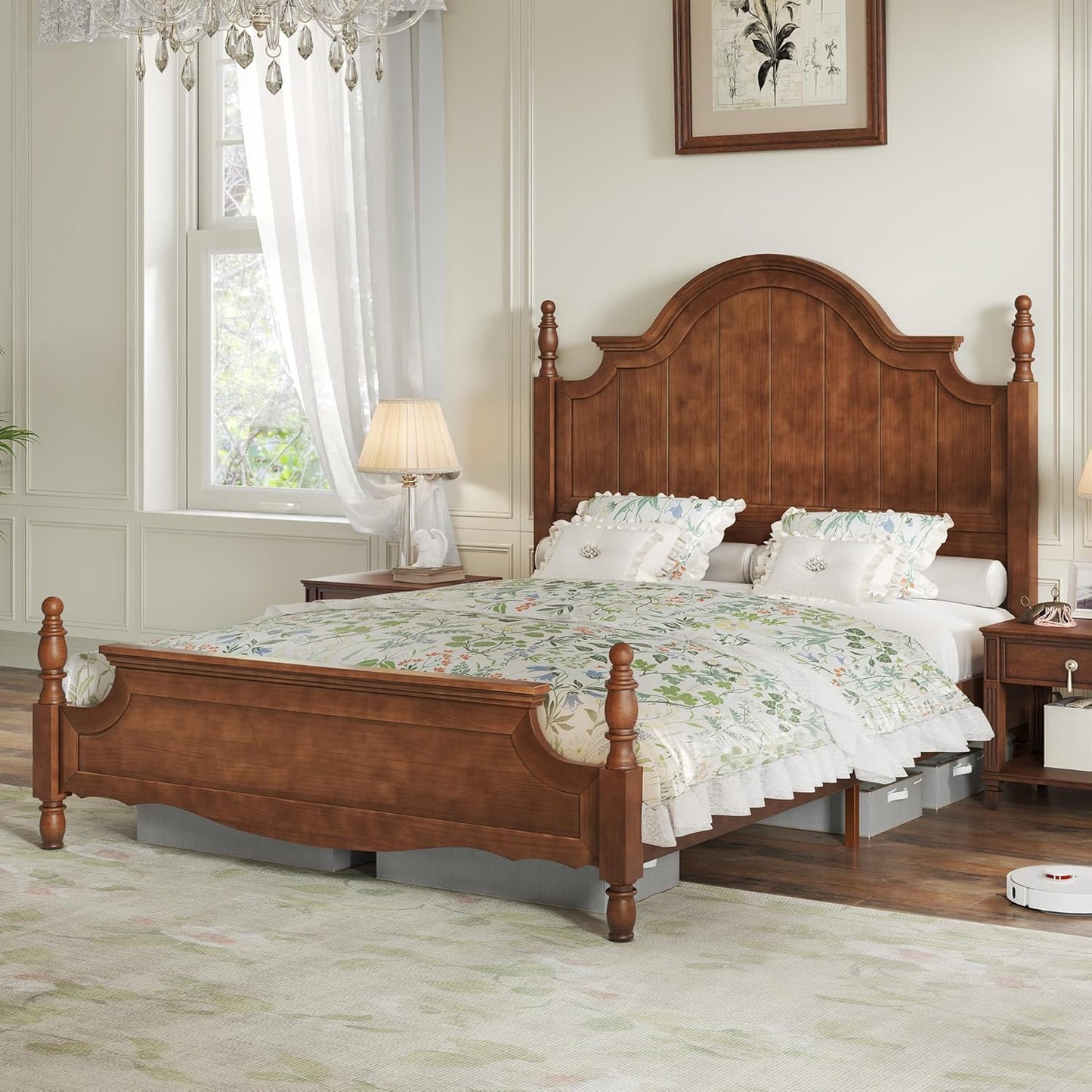 A Sturdy Wooden Bed Frame Featuring a 56-Inch Arched Headboard, This Classic Poster Bed Comes with Wooden Slats for Support, Eliminating The Need for a Box Spring And Allowing for Assembly.