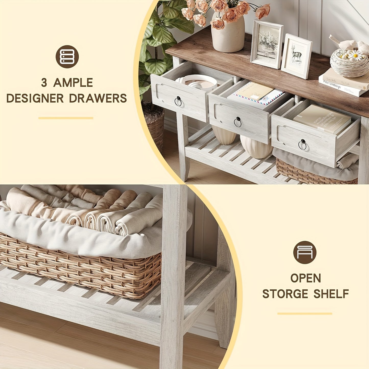 Console Sofa Table With Large Storage Space, 3 Drawer Entryway Table, Open Shelf, Behind Couch Entry Foyer Hallway Storage, Narrow Long Behind Couch Sofa Table For Living Room, Foyer, Hallway