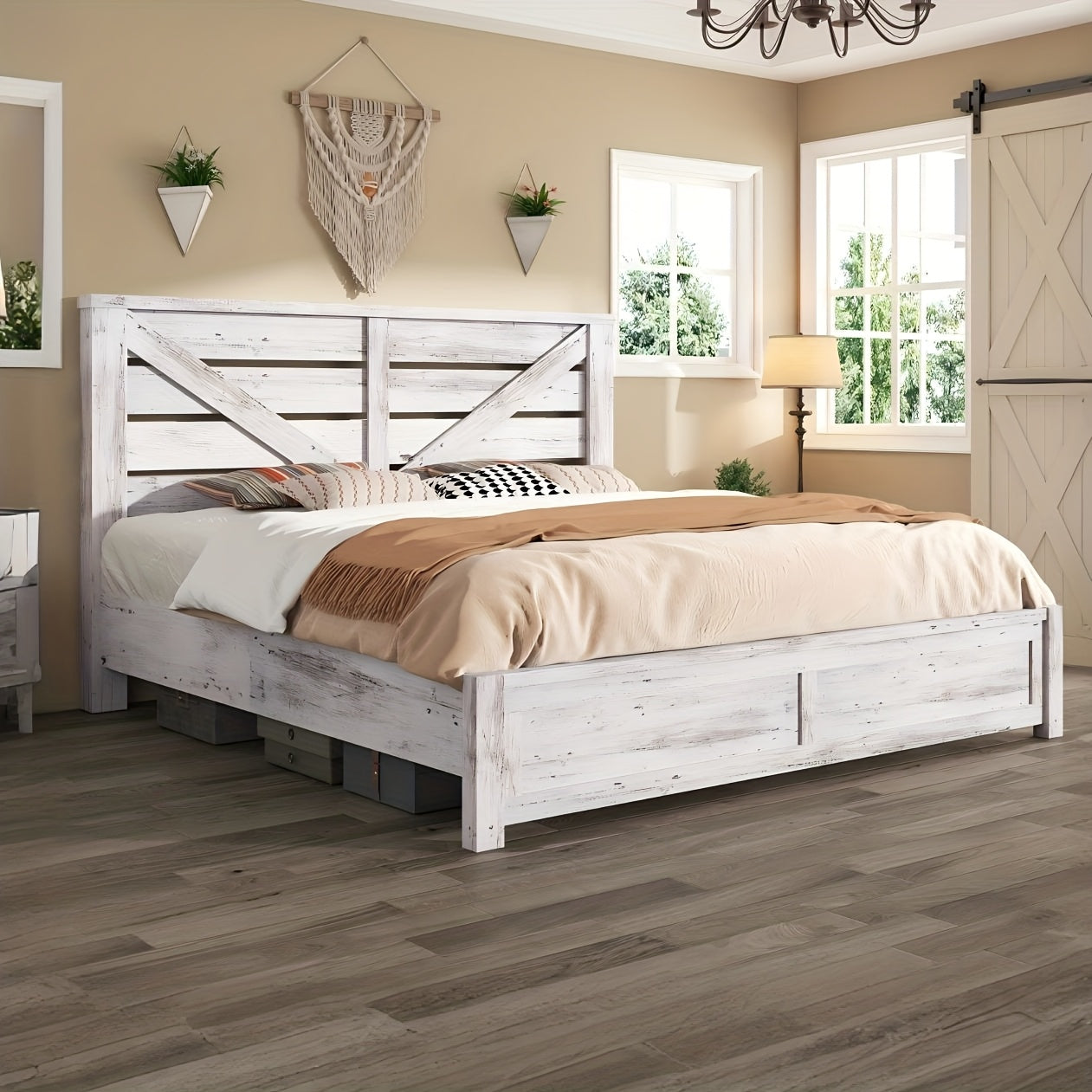 LUXOAK Farmhouse Wooden Platform Bed Frame with 49.2" Headboard - No Box Spring Needed, Noise-Free, Easy Assembly