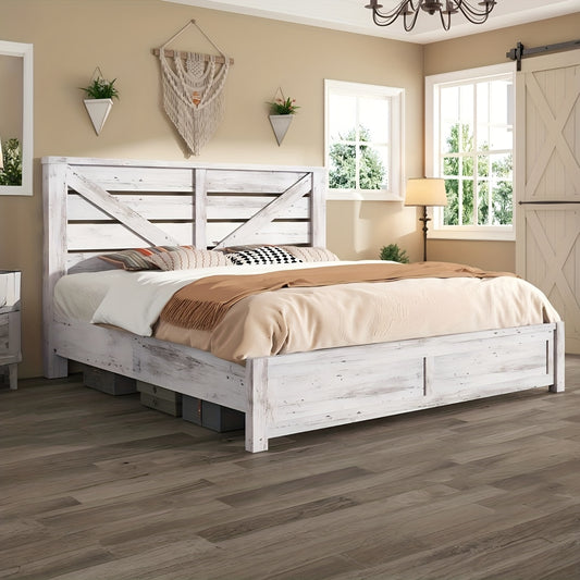 LUXOAK Farmhouse Wooden Platform Bed Frame with 49.2" Headboard - No Box Spring Needed, Noise-Free, Easy Assembly