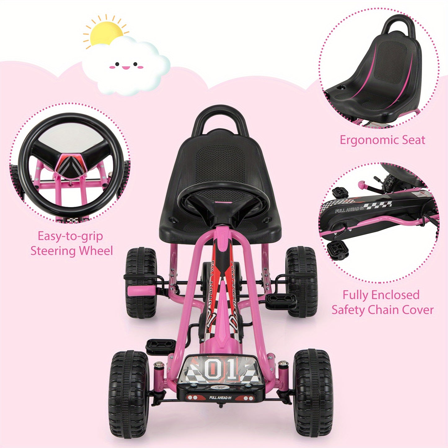 COSTWAY Kids Pedal Go Kart, Outdoor Pedal Powered Pedal Car for Children w/ Handbrake, Ergonomic Adjustable Seat & 4 Wheels, Ride on Vehicle for Kids Ages 3+, Gift for Boys & Girls, Pink, Tricycle for, Tricycle for Kids, Outd