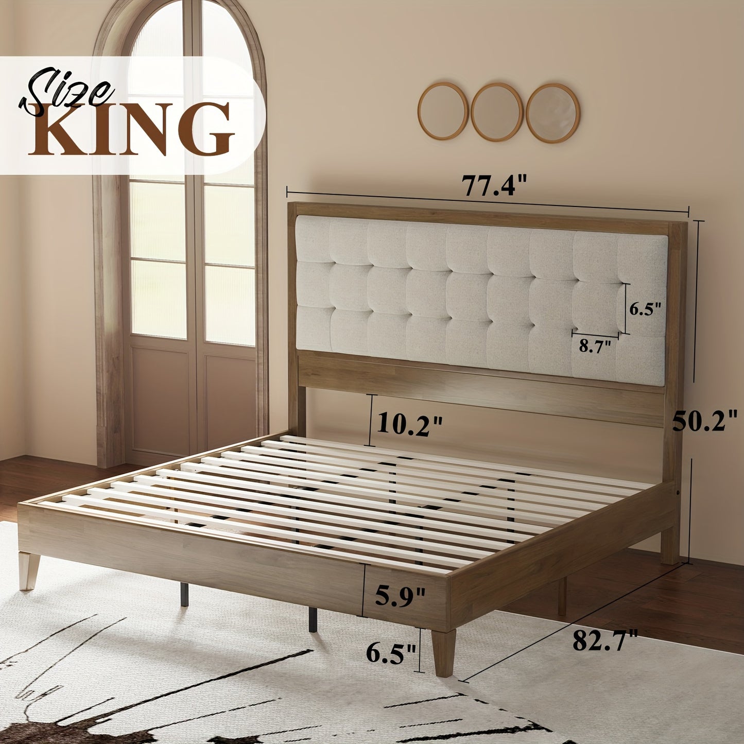 LUXOAK Wood Platform Bed with Upholstered Tufted Headboard, Box Spring-Free, Sturdy Solid Wood Frame