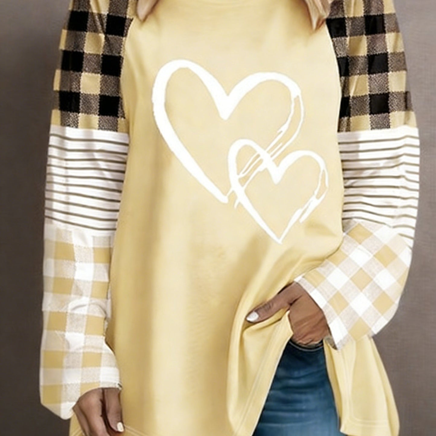 Plus Size - Plus Size - A Women'S Casual Long-Sleeve T-Shirt Featuring a Heart-Shaped Design, Made from Fabric, with a Round Neck Style, Part of The Autumn And Winter Collection, Available in Large Loose Sizes from 0XL to 9XL