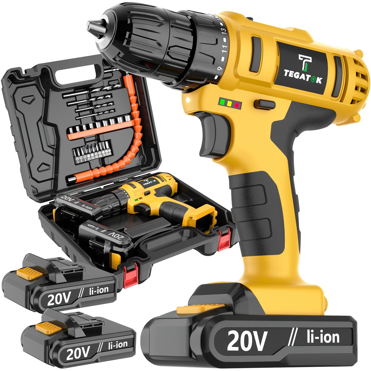 20V Cordless Drill Set, Impact Power Drill with 3/8 Inch Keyless Chuck, 18+3 Clutch Electric Drill with Work Light, Max Torque 45Nm, 2-Variable Speed & 2.0AH Batteries And Fast Charger, Bits Set And Box for, Home Repair, Gift