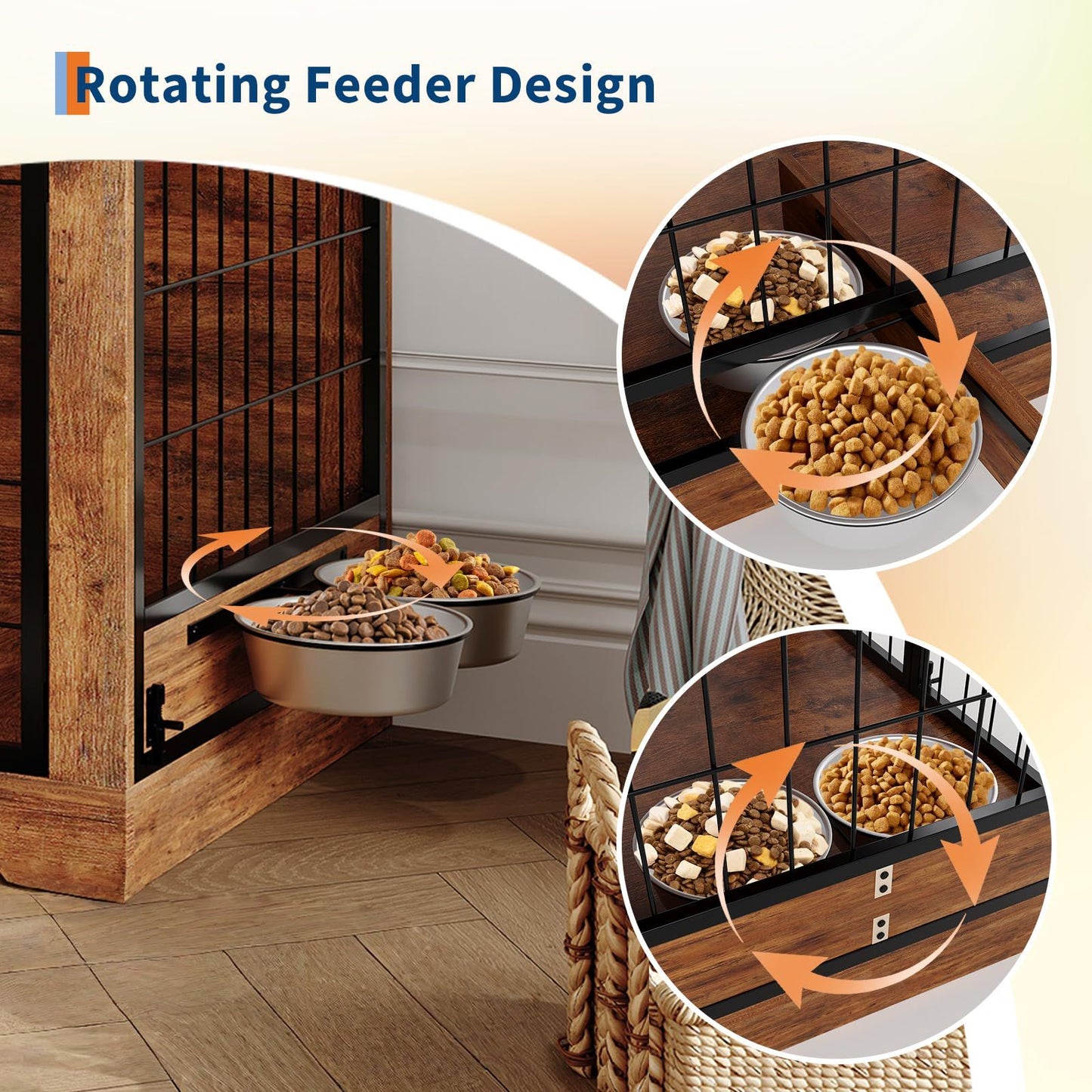 38-Inch Indoor Wooden Dog Crate Furniture | Double Doors for Easy Access, 360° Adjustable Raised Bowls, and Storage Platform, Ideal for Medium to Large Dogs, Brand: GAOMON