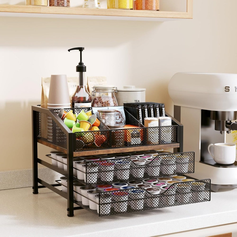 Coffee Bar Organizer - Coffee Station for Countertop | Metal and Wood K Cup Holder Storage Basket for Coffee Pods, Syrup, Cups, Stirrer, Coffee Condiment, Tea Organizer, Black and Brown, Varnished End