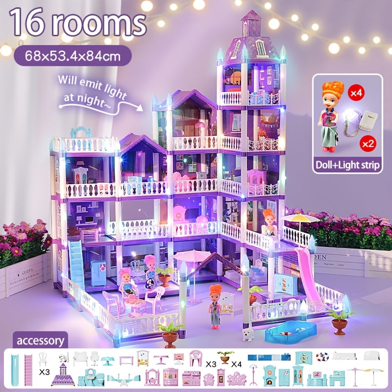 Doll House For Girls, 11 Rooms Dollhouse With Dolls Figure, Puppies, Furnitures, Accessories, LED Light, Playhouse Gift For For 3 4 5 6 7 8 9 10 Year Old Girls Toys