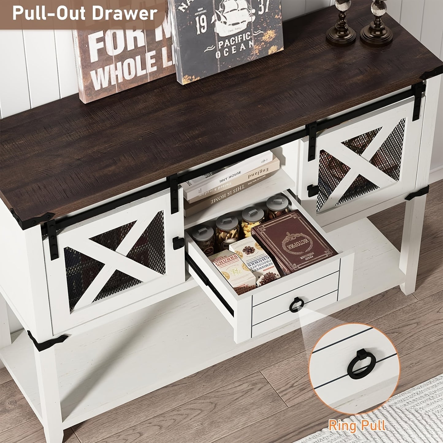 Farmhouse Entryway Table with 2 Sliding Barn Doors & Drawer, 46'' Rustic Console Table with Storage, Open Shelf Space, Industrial Sofa Table for Living Room, Entryway, Hallway,