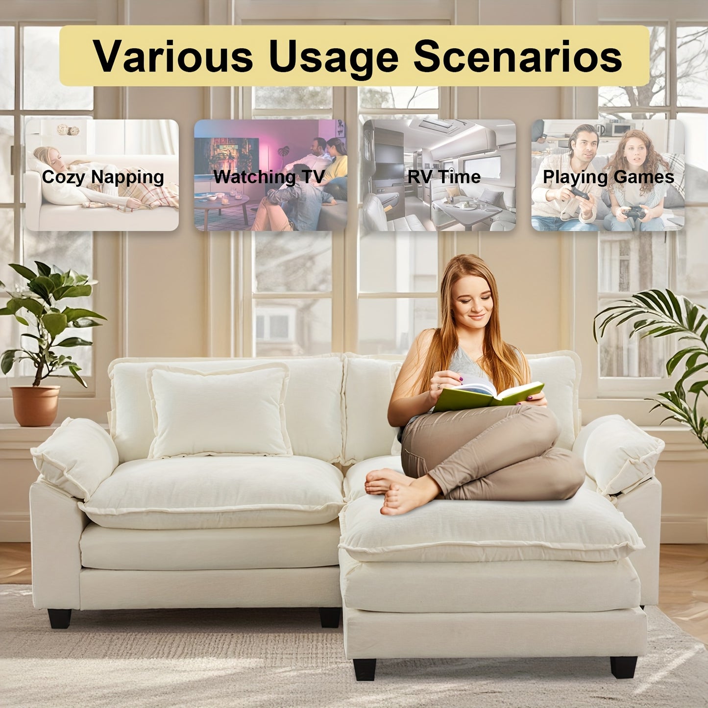 86'' Sectional Sofa, Modular Loveseat Sofa with Ottoman, Chenille Cloud Couch, Upholstered Deep Seat Sofa for Living Room, Apartment
