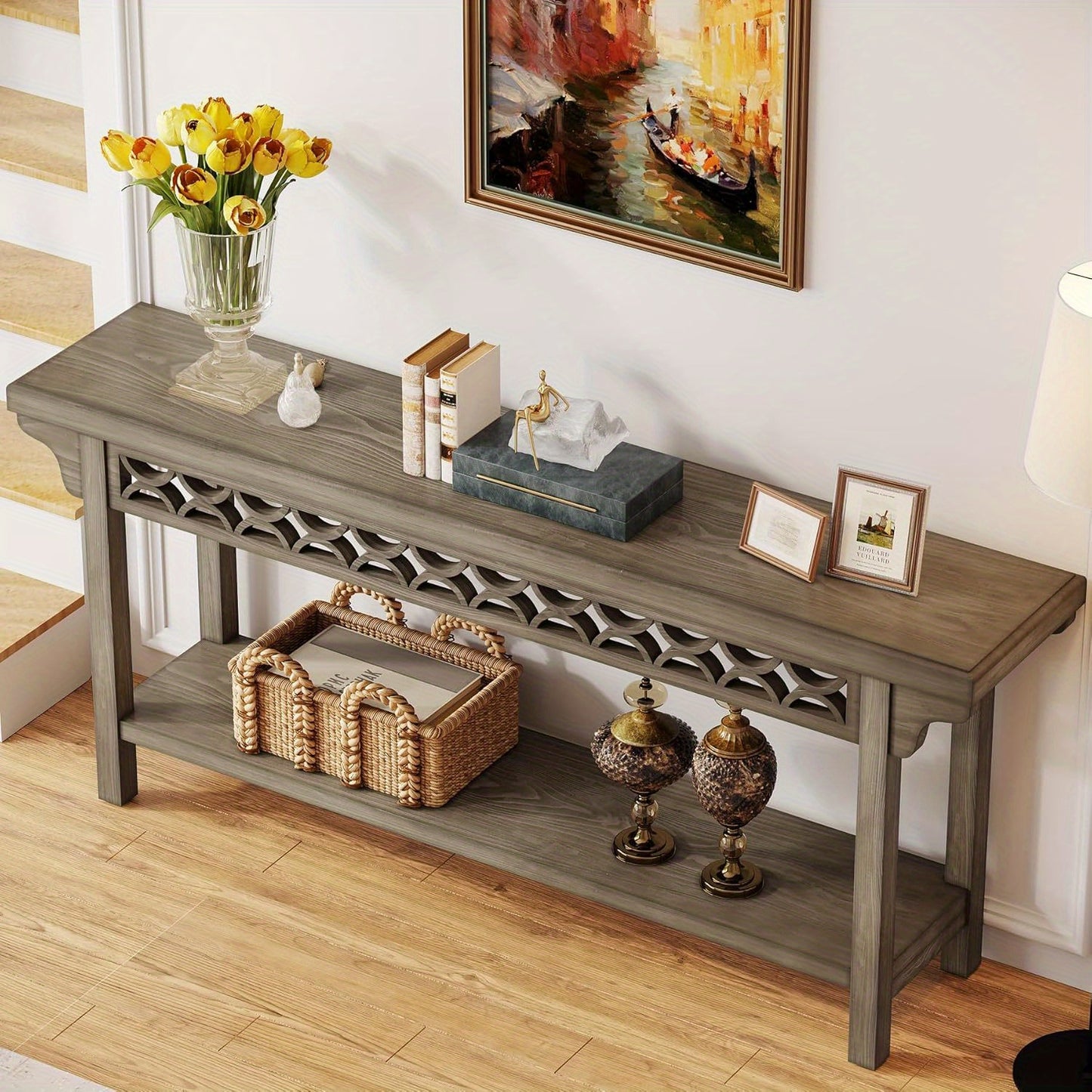 70.8" Extra Long Narrow Console Table - Heavy-Duty Farmhouse Entryway Table with Storage Shelf, Solid Wood Construction (Hardwood/Tabletop), Sturdy Legs - Space-Saving Sofa Table for Living Room, Hallway, Entryway - Easy Asse