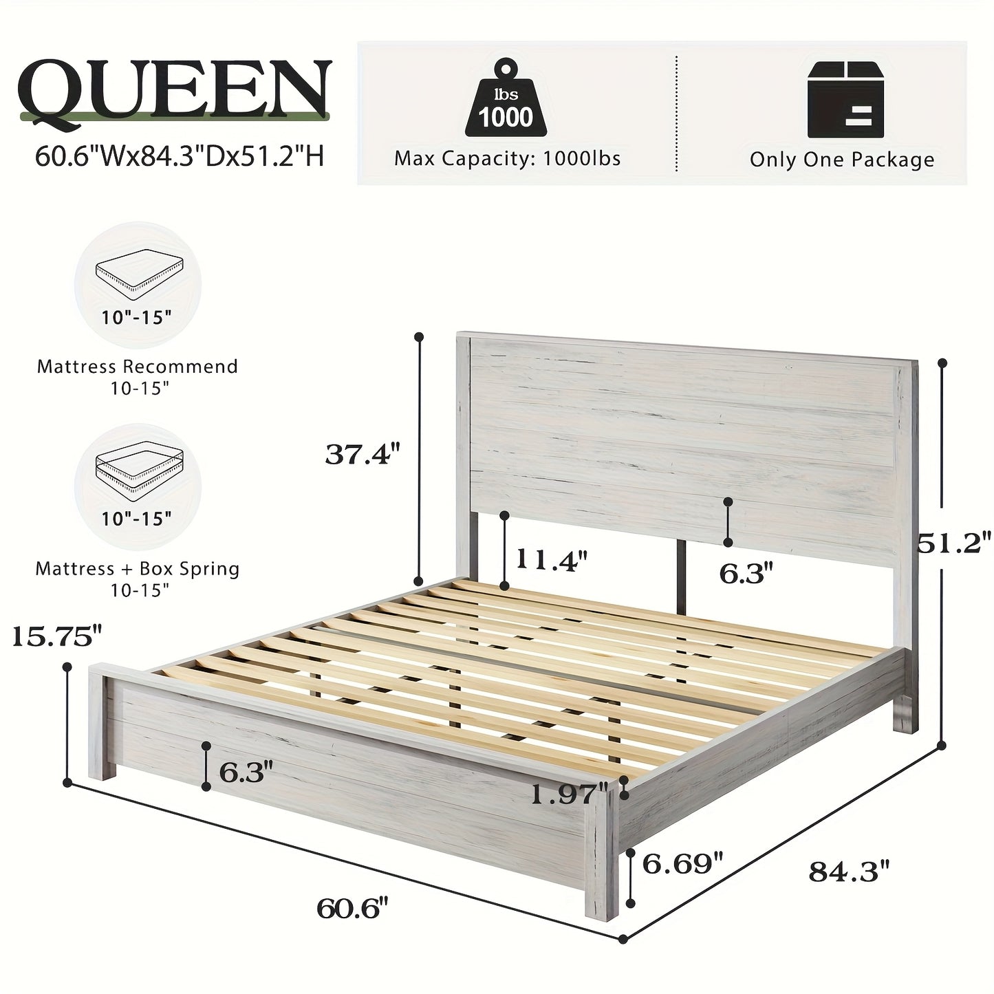 Wooden Platform Bed Frame Featuring a Joined Headboard, Rustic Style, Silent Wood Slat Support, And Does Not Need a Box Spring