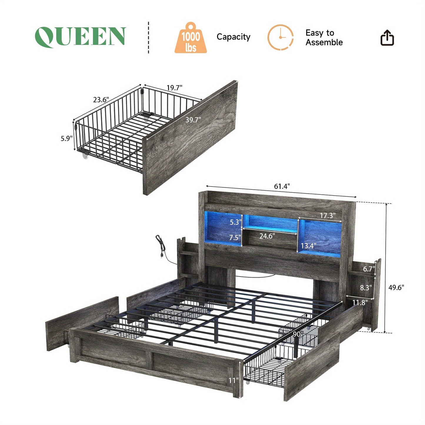 PAPABABE Bed Frame Featuring a 49.6-Inch Bookcase Headboard, Four Drawers, And Two Removable Storage Racks - a Farmhouse-Style Wooden Bed Frame Equipped with RGB LED Lights And a Charging Station, No Box Spring Required