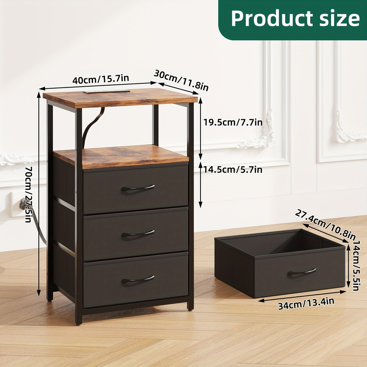 WHONLINE 1/2pcs Night Stand With Charging Station, Nightstand 1/2 Set With 3 Fabric Drawers, End Table With Storage, Night Stand For Bedroom, School And Dormitory Storage, Black End Table, Heavy Duty Night Stand, For Hallowee