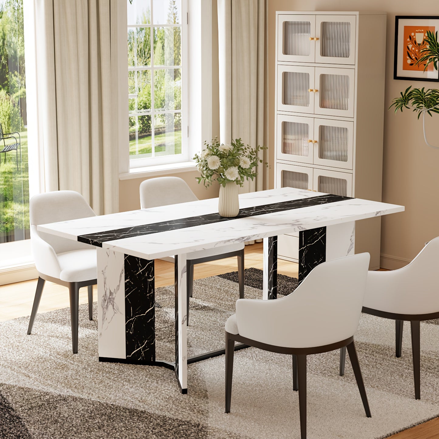 70.9" Large Modern Farmhouse Dining Table for 6-8 People - Heavy-Duty Rectangular Kitchen Table with Triangular Steel Base, Spacious Surface & Easy Assembly, Durable MDF/Plastic/Wood Construction, Ideal for Family Dinners & E