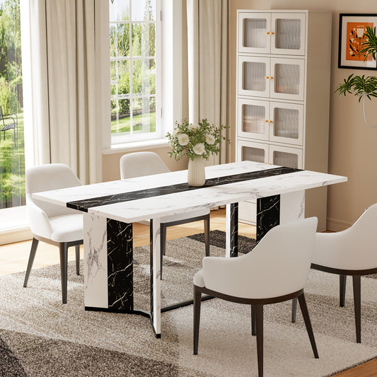 70.9" Large Modern Farmhouse Dining Table for 6-8 People - Heavy-Duty Rectangular Kitchen Table with Triangular Steel Base, Spacious Surface & Easy Assembly, Durable MDF/Plastic/Wood Construction, Ideal for Family Dinners & E