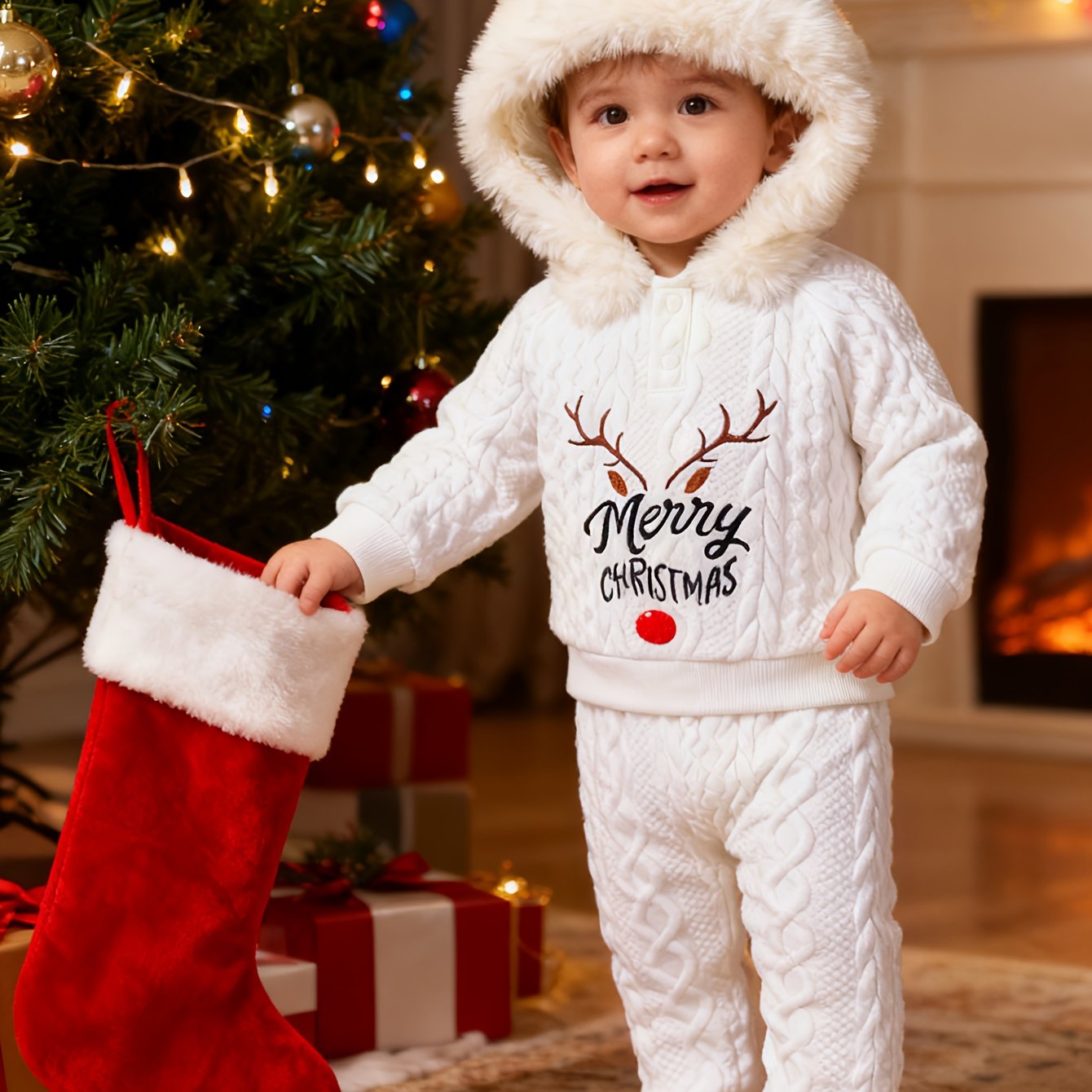 Christmas New Letter Antler Embroidery Knitted Pattern Solid Color Ribbed Hoodie with Fur Collar Long Pants Set for Baby Boys Winter Warmth And Cute, Perfect for Outdoor