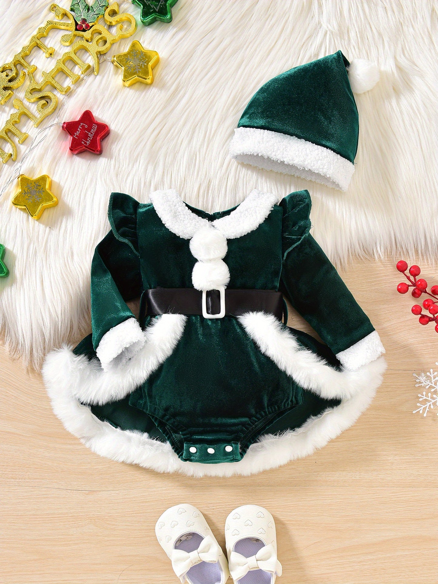 2pcs Set Baby Girls' Plush Patchwork Christmas Romper Dress & Hat Set - Soft Green & White Long Sleeve Jumpsuit with Ruffled Trim, Snap Closure, Cozy Winter Outfit for &, Machine Washable Holiday Outwear (Christmas Party Outf
