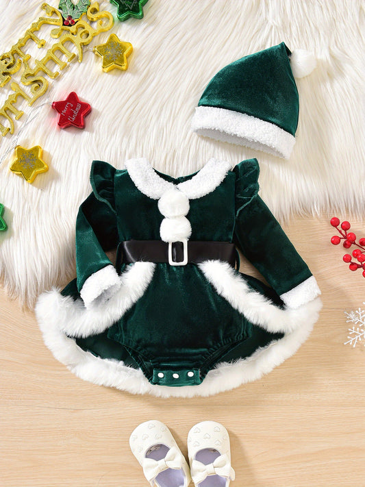 2pcs Set Baby Girls' Plush Patchwork Christmas Romper Dress & Hat Set - Soft Green & White Long Sleeve Jumpsuit with Ruffled Trim, Snap Closure, Cozy Winter Outfit for &, Machine Washable Holiday Outwear (Christmas Party Outf