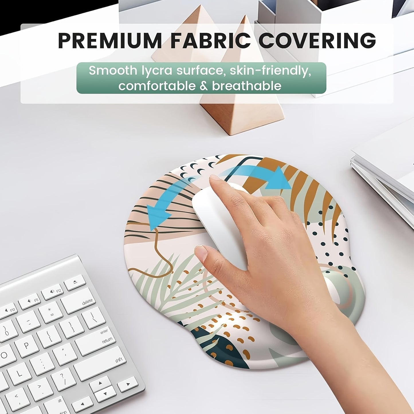 Wrist Support Desk Set - Non-Slip Mouse Pad & Keyboard Rest with Green Palm Leaf Design in Beige/Green/White/Golden - Soft Typing Mat & Coasters for Home Office, Computer, Laptop - Posture-Correct Writing Accessory