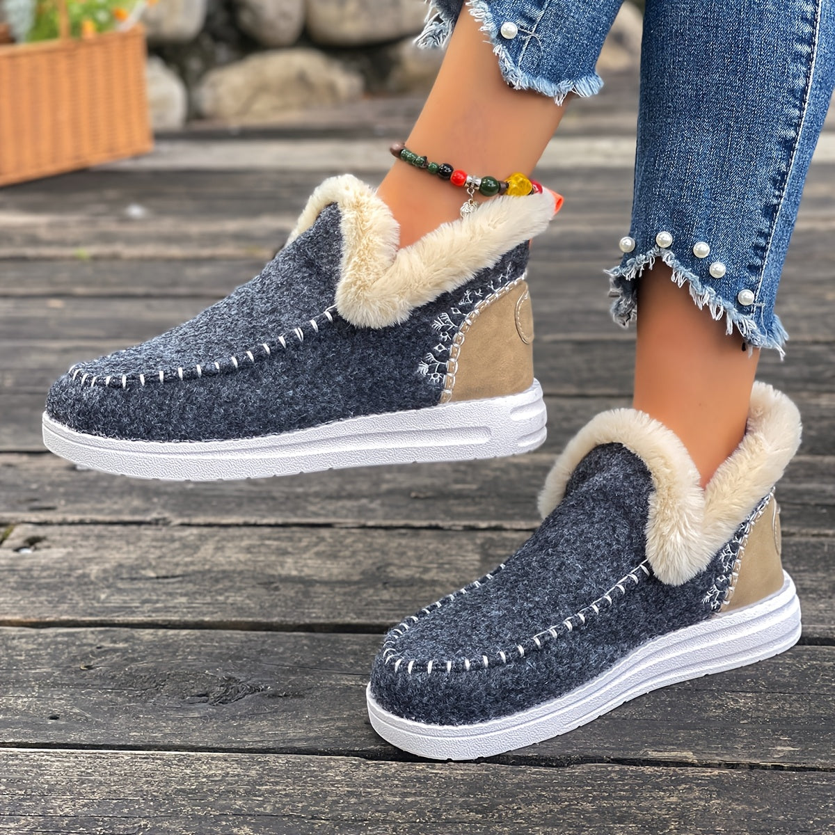 Women'S Plus Size Cozy Plush Slip-On Snow Boots with Soft Rubber Sole - Lightweight Warm Winter Boots with Cushioned Insole, Round Toe & Arch Support, Casual Outdoor Shoes for Cold Weather, Black & Brown (Canvas Lining) - Ide