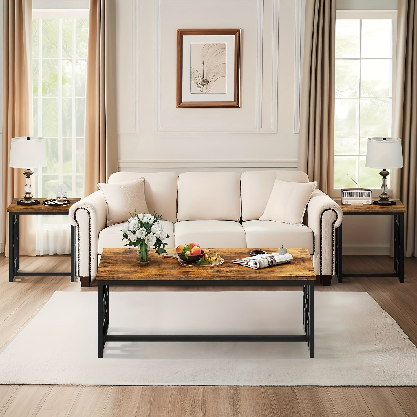 3pcs Living Room Coffee Side Table Set, Mid-Century Modern Coffee Table Set with 2 End Table for Small Space, Space-Saving Side Table Set with MDF Broad & Metal Frame for Living Room, Dining Room, Bedroom, Brown