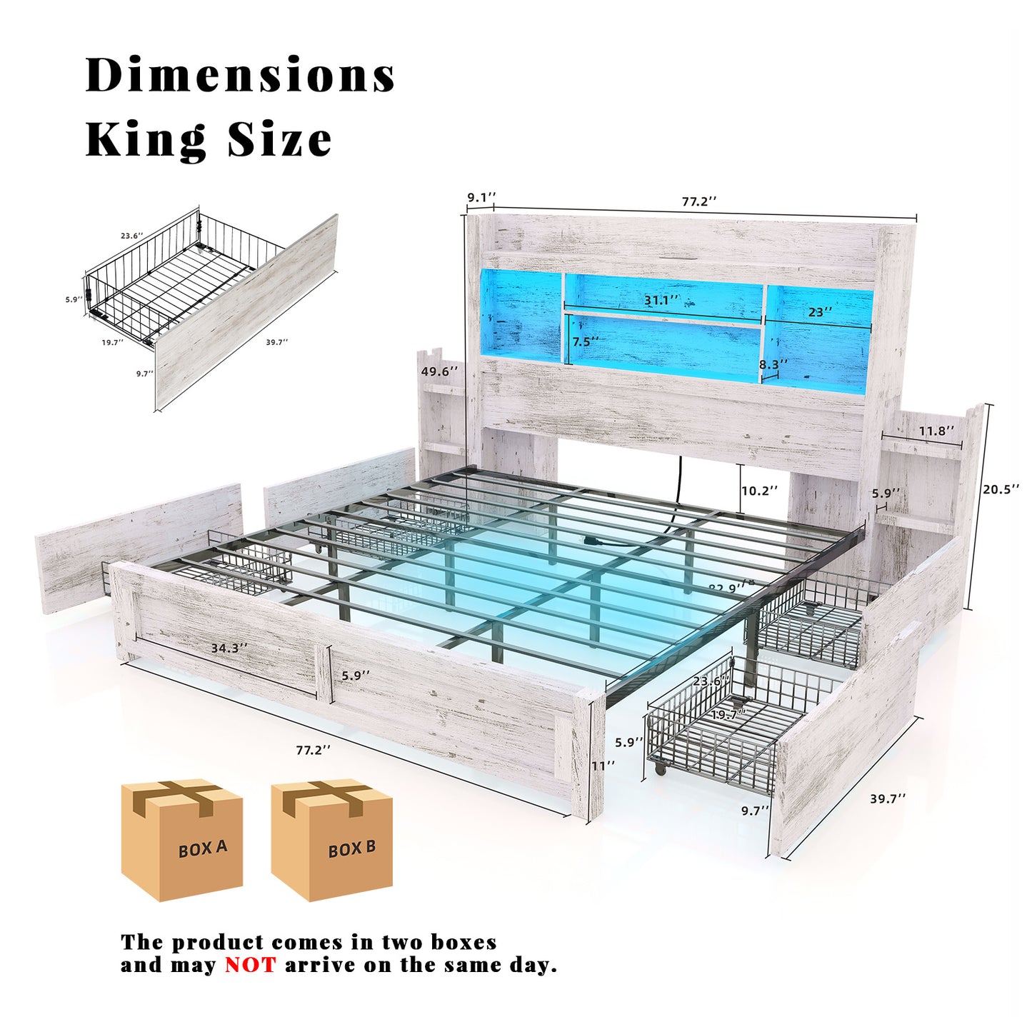 PAPABABE Bed Frame Featuring a 49.6-Inch Bookcase Headboard, Four Drawers, And Two Removable Storage Racks - a Farmhouse-Style Wooden Bed Frame Equipped with RGB LED Lights And a Charging Station, No Box Spring Required