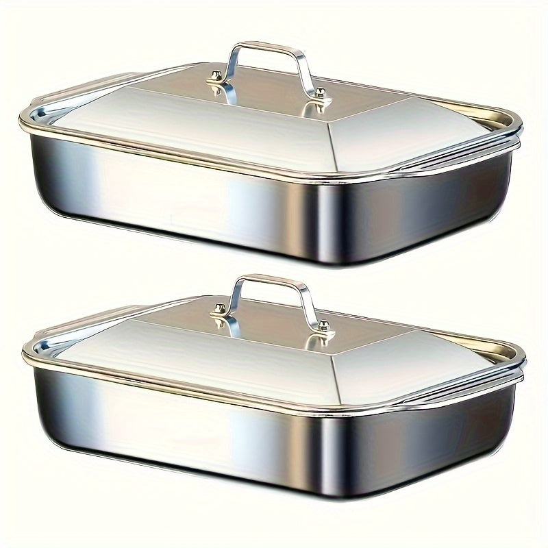 4pcs Set of 2 Deep Dishes and 2 Handle-Lid Stainless Steel Rectangular Baking Pans with Metal Lids - 6L Capacity, 16.14-Inch Deep Roasting Pan Fish Grill Tray Lasagna Dish, Dishwasher Safe, Men's Gift for Father’s Day, Best