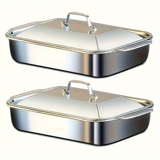 4pcs Set of 2 Deep Dishes and 2 Handle-Lid Stainless Steel Rectangular Baking Pans with Metal Lids - 6L Capacity, 16.14-Inch Deep Roasting Pan Fish Grill Tray Lasagna Dish, Dishwasher Safe, Men's Gift for Father’s Day, Best