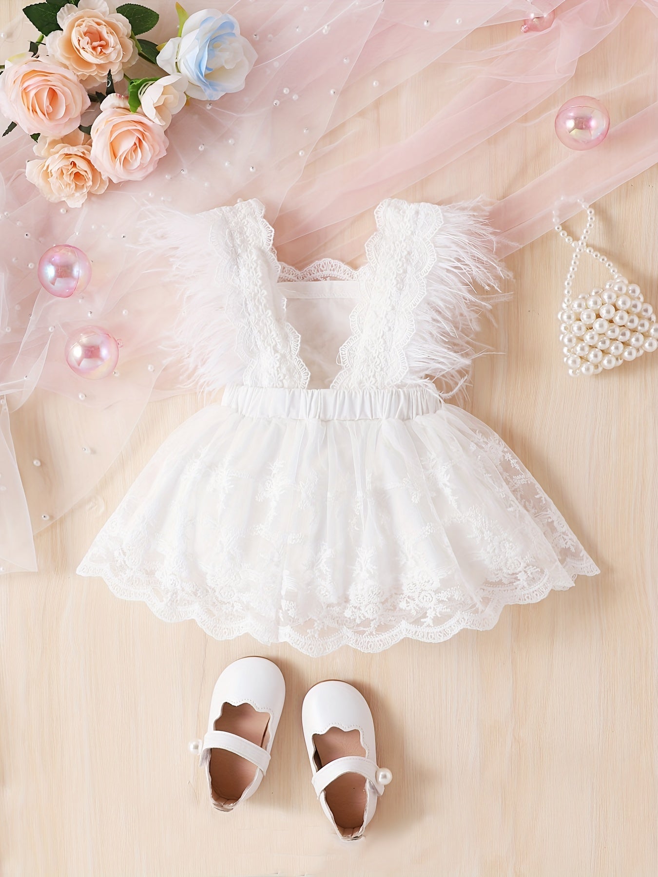 Girls' Summer Sleeveless Lace Dress with Floral Embroidery & Tulle Skirt - Knee-Length Princess Dress, White with Pink & Blue Roses, Elegant Bow Detail, Perfect for Weddings & Special Occasions, Princess Dress for Girls, Wedd