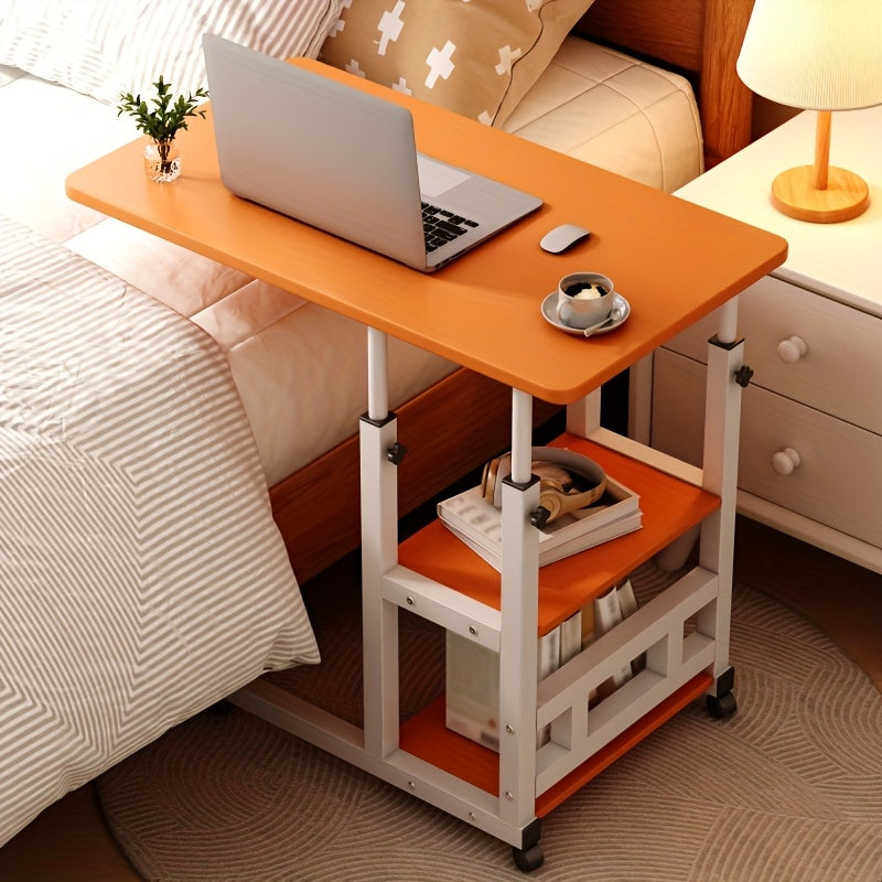 Height Adjustable Rolling Table with Storage Shelves - Heavy-Duty Wood/Metal Construction, Modern Mobile Desk with Casters, Space-Saving Design for Home Office, Bedside, Laptop Workstation & Small Spaces - Easy Assembly, Engi