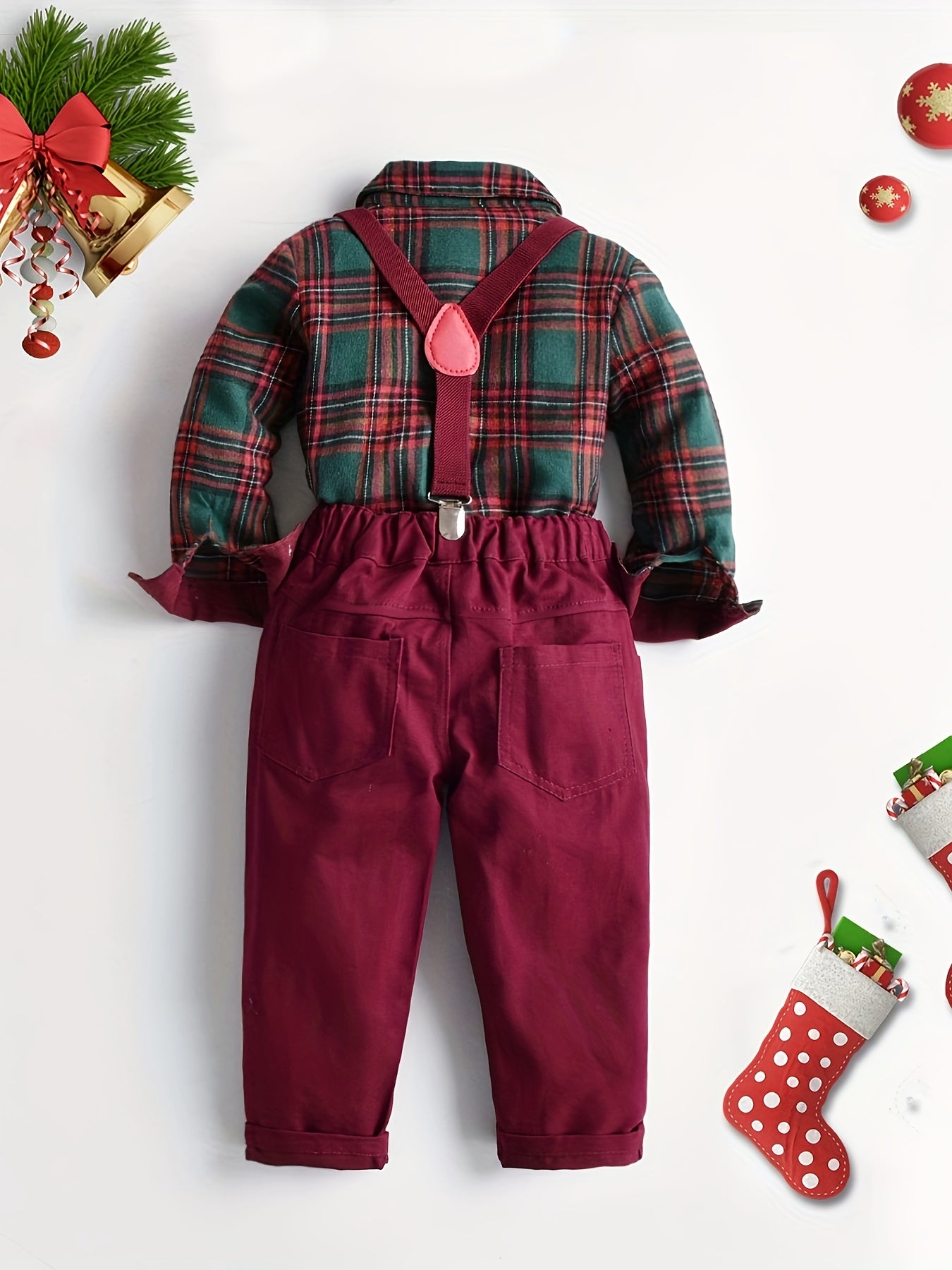 Foreign Trade Cross-border Infant Clothing Autumn And Winter New 's Baby Boy Long Sleeve Shirt Suit European And American Christmas Plaid Shirt Triangle Suspender Pants Leisure-piece Suit, Perfect for Outdoor
