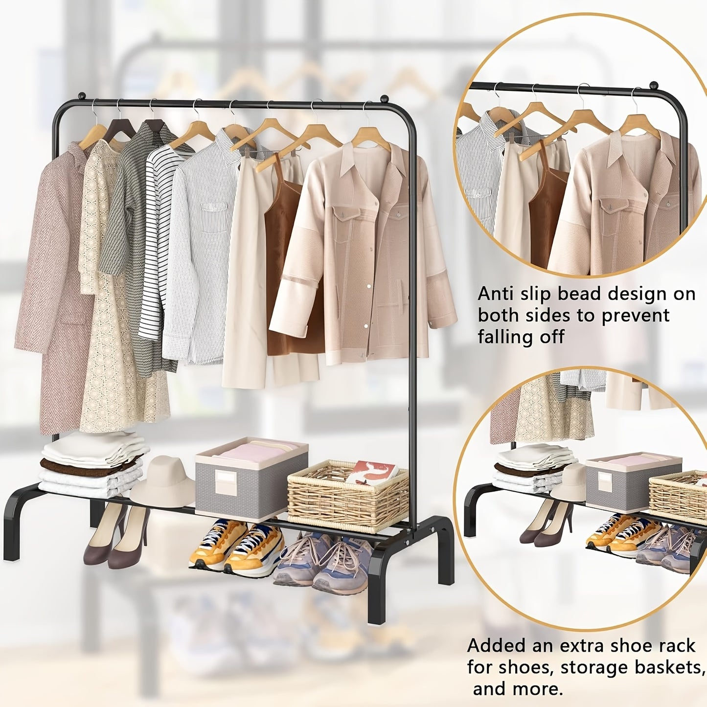 Heavy-Duty Alloy Clothing Rack with Bottom Shelf - Freestanding Garment Rack Suitable for Shirts, Jeans, Coats - Heavy-Duty Clothes Hanger with Storage Shelf, Retail/Commercial/ Use, Easy Assembly, Space-Saving Design