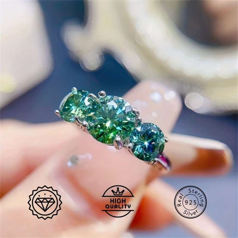 Vintage Moissanite Ring 925 Sterling 925 Silver | 2/ 4 Carat Round Green 3-Stone Design, Romantic Engagement Jewelry, Anniversary Ring & Sweet Gift for Her, Proposal Ring, Wedding Jewelry, Elegant Design, Timeless Style, Mois