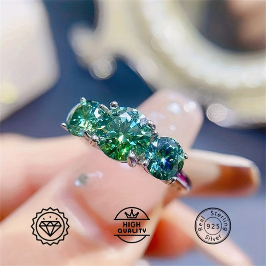 Vintage Moissanite Ring 925 Sterling 925 Silver | 2/ 4 Carat Round Green 3-Stone Design, Romantic Engagement Jewelry, Anniversary Ring & Sweet Gift for Her, Proposal Ring, Wedding Jewelry, Elegant Design, Timeless Style, Mois