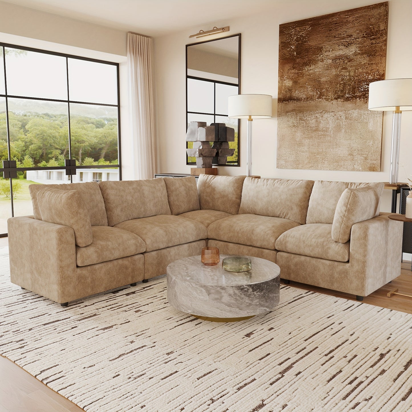 Modular Sectional Sofa Cloud Couch, Oversized 5 Seater Sofa with Ottoman, Extra Large V Shaped Deep Seat Sectional Couches for Living Room, Sofa Covers Washable&Removable