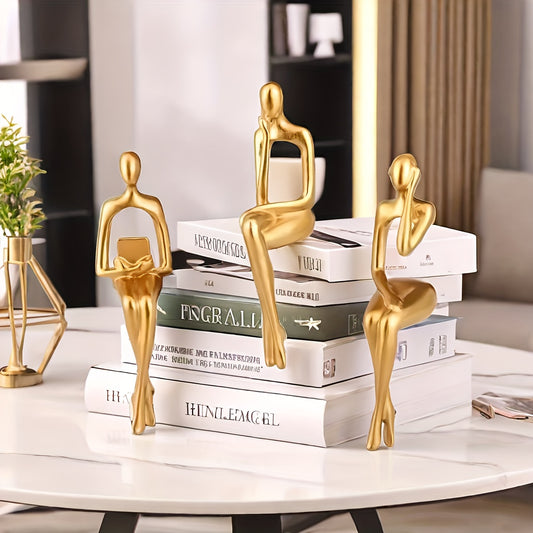 3pcs Golden Resin Statues - Handmade Abstract Figurines, Elegant Indoor/Outdoor Decor for Home Office Tabletop, Christmas Mother’s Day Graduation Gifts, No Electricity Needed, Statues for Home Decor, Gift Item, Contemporary