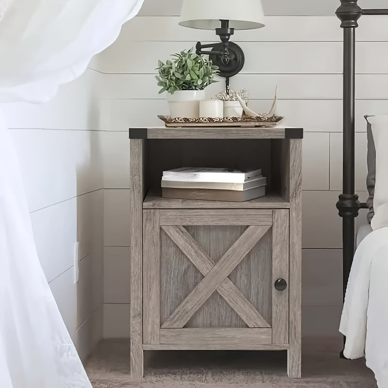 Halloween Farmhouse Nightstand, Rustic End Table With Barn Door And Storage Shelf, Bedside Tables Night Stand For Living Room Bedroom, Living Room, White Gray Oak Navy Blue Light Oak Dark Rustic Grey