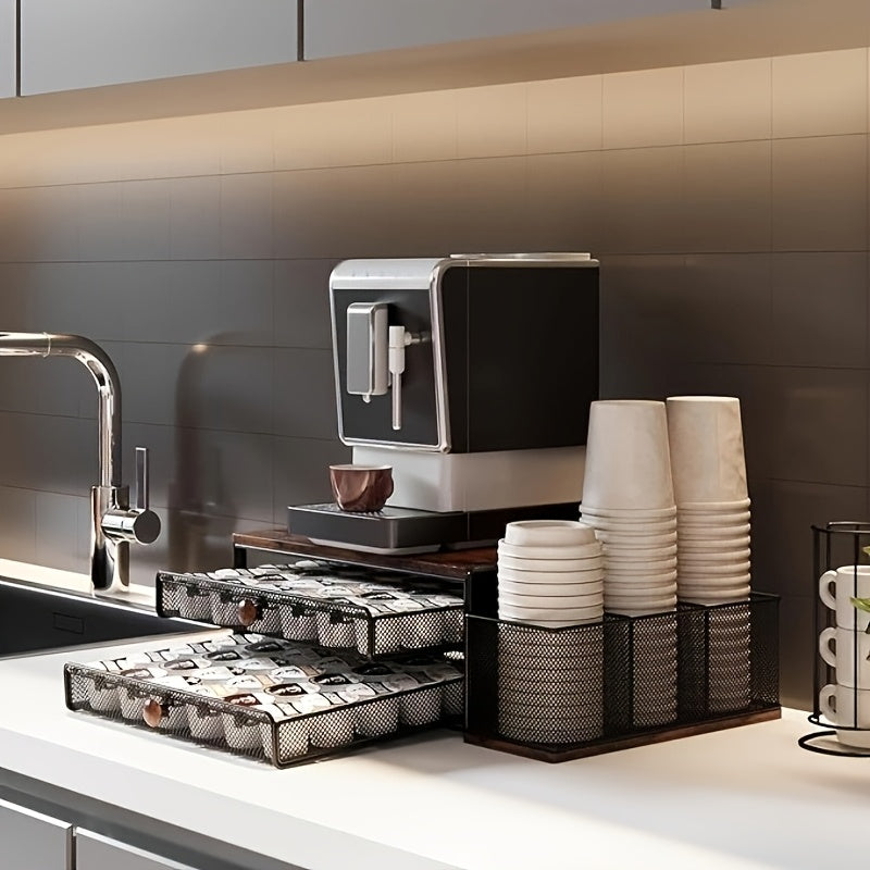 Coffee racks，Black Wood and Iron K-Cup Holder with Double Storage Drawers, Coffee Station Organizer for Capsule Boxes