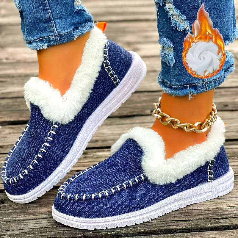 Women's Winter Slip-On Loafers with Faux Fir  Denim Blue EVA Sole, Indoor/Outdoor Winter Footwear