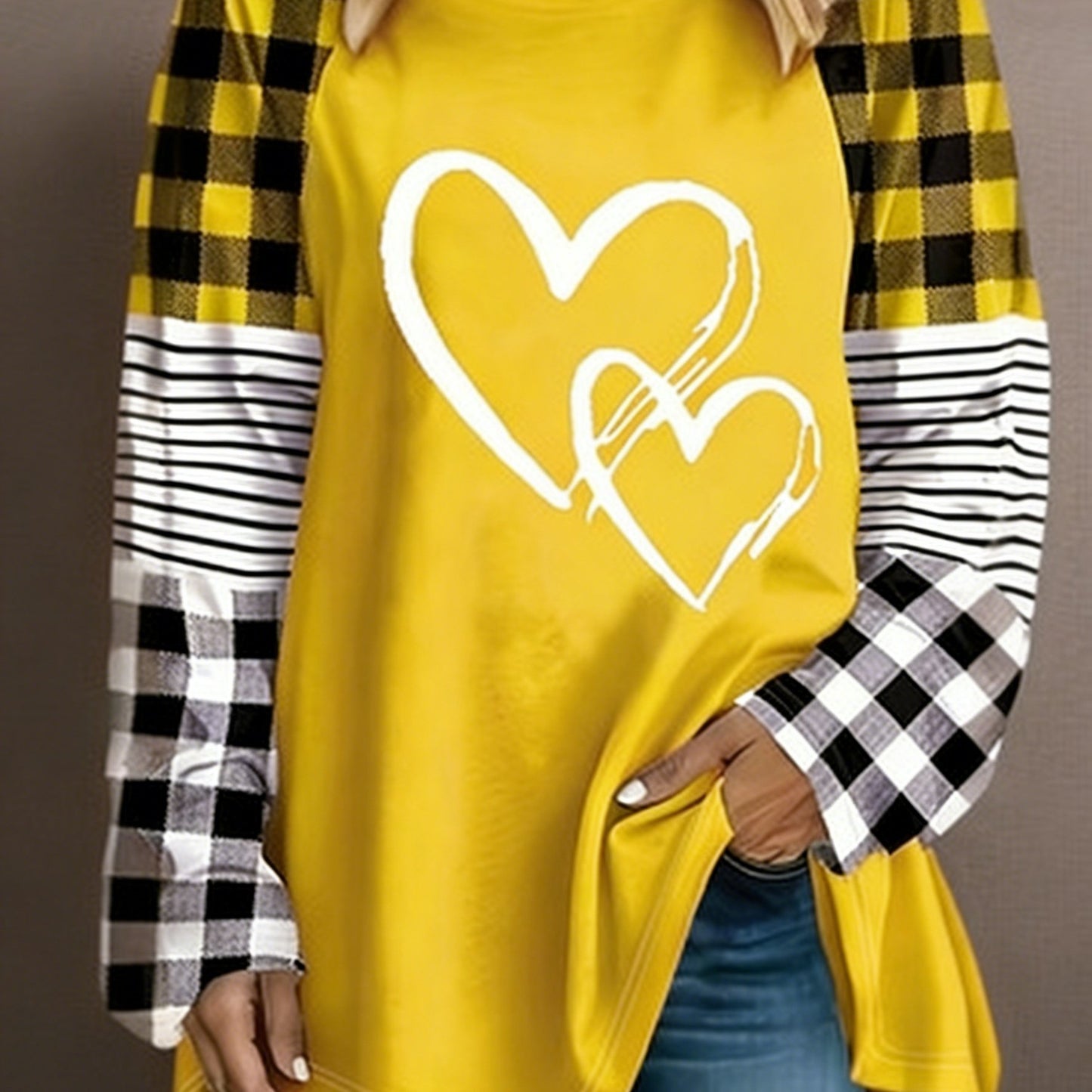 Plus Size - Plus Size - A Women'S Casual Long-Sleeve T-Shirt Featuring a Heart-Shaped Design, Made from Fabric, with a Round Neck Style, Part of The Autumn And Winter Collection, Available in Large Loose Sizes from 0XL to 9XL