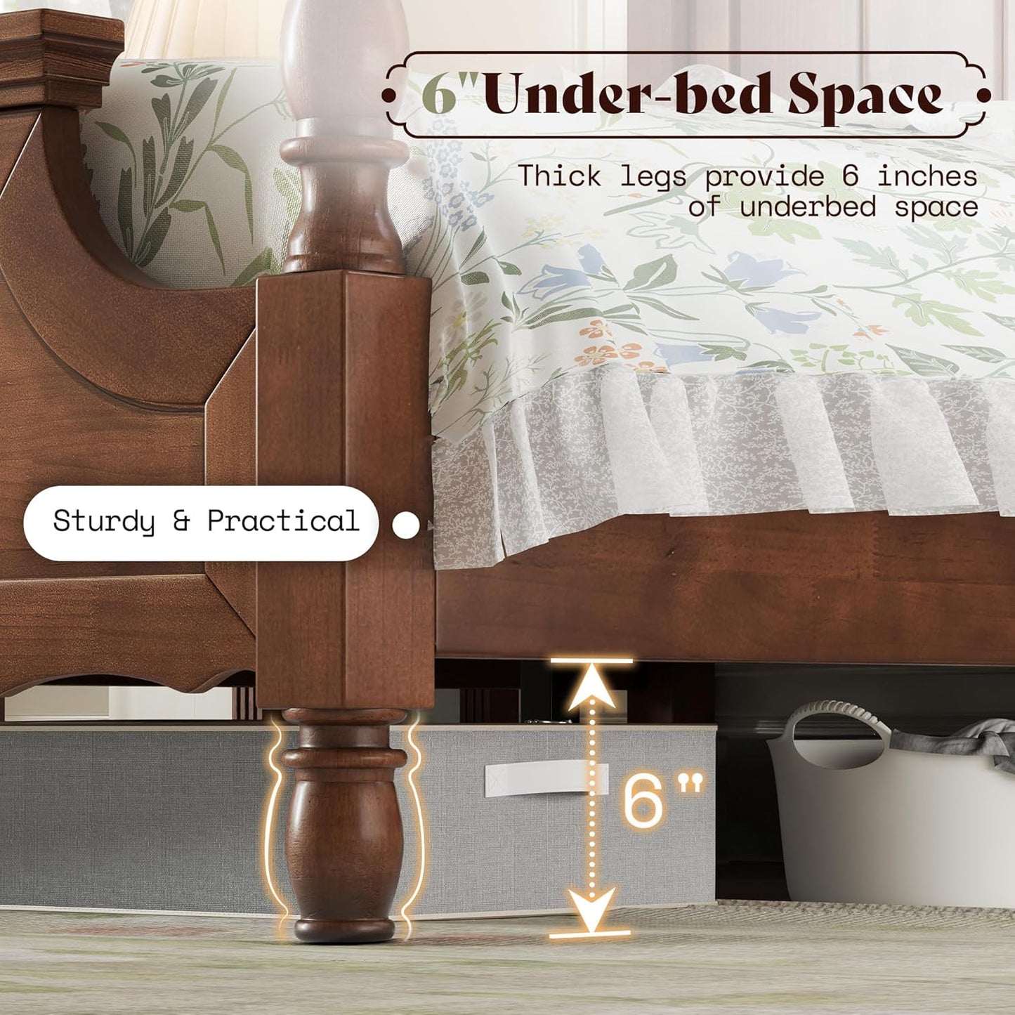 A Sturdy Wooden Bed Frame Featuring a 56-Inch Arched Headboard, This Classic Poster Bed Comes with Wooden Slats for Support, Eliminating The Need for a Box Spring And Allowing for Assembly.